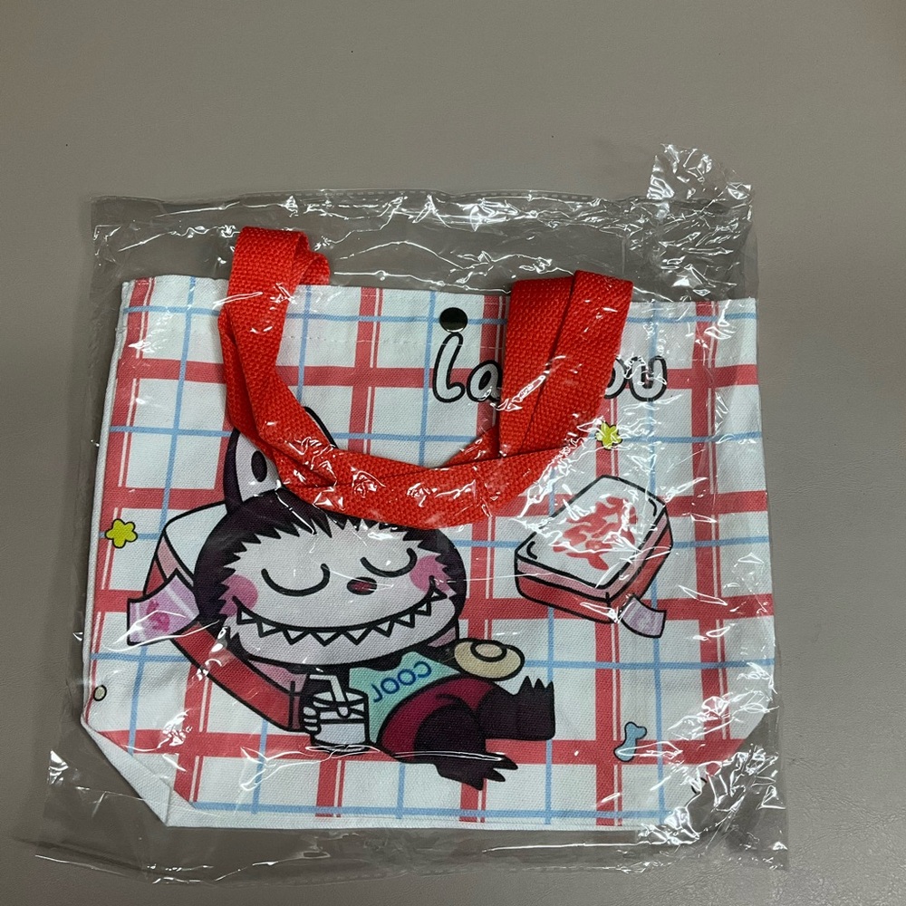 Red and White Checkered Tote Bag with Cartoon Design